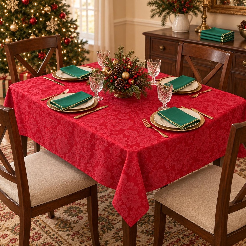Vintage 2001 Liz Claiborne Deep Red Damask Tablecloth 69x57" with 7 Napkins